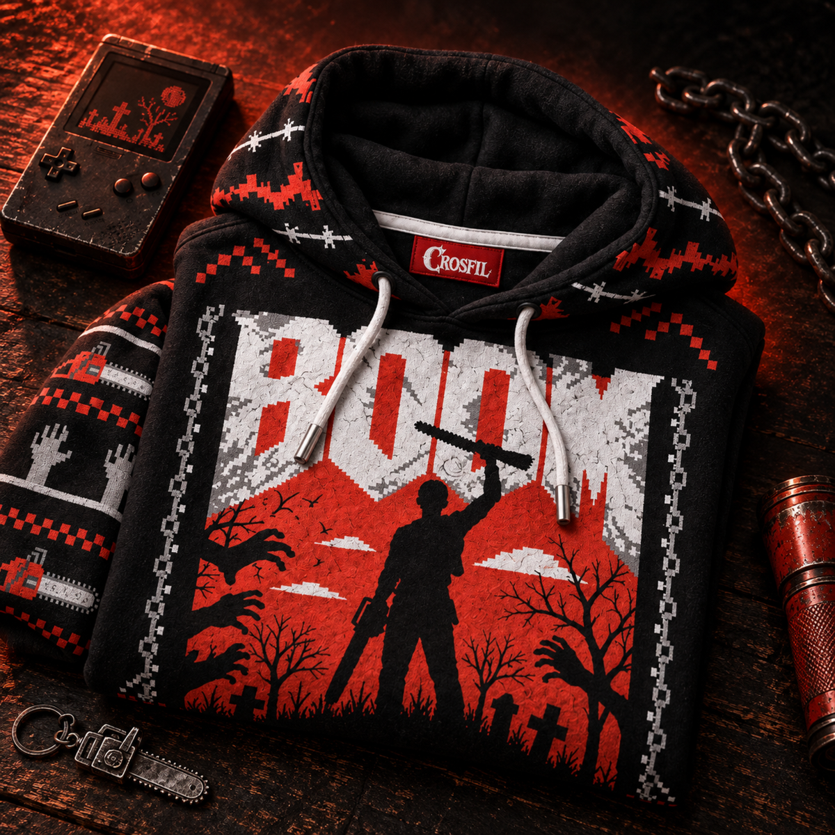 BOOM Unisex Hoodie — 8-Bit Horror Ugly Sweater Print