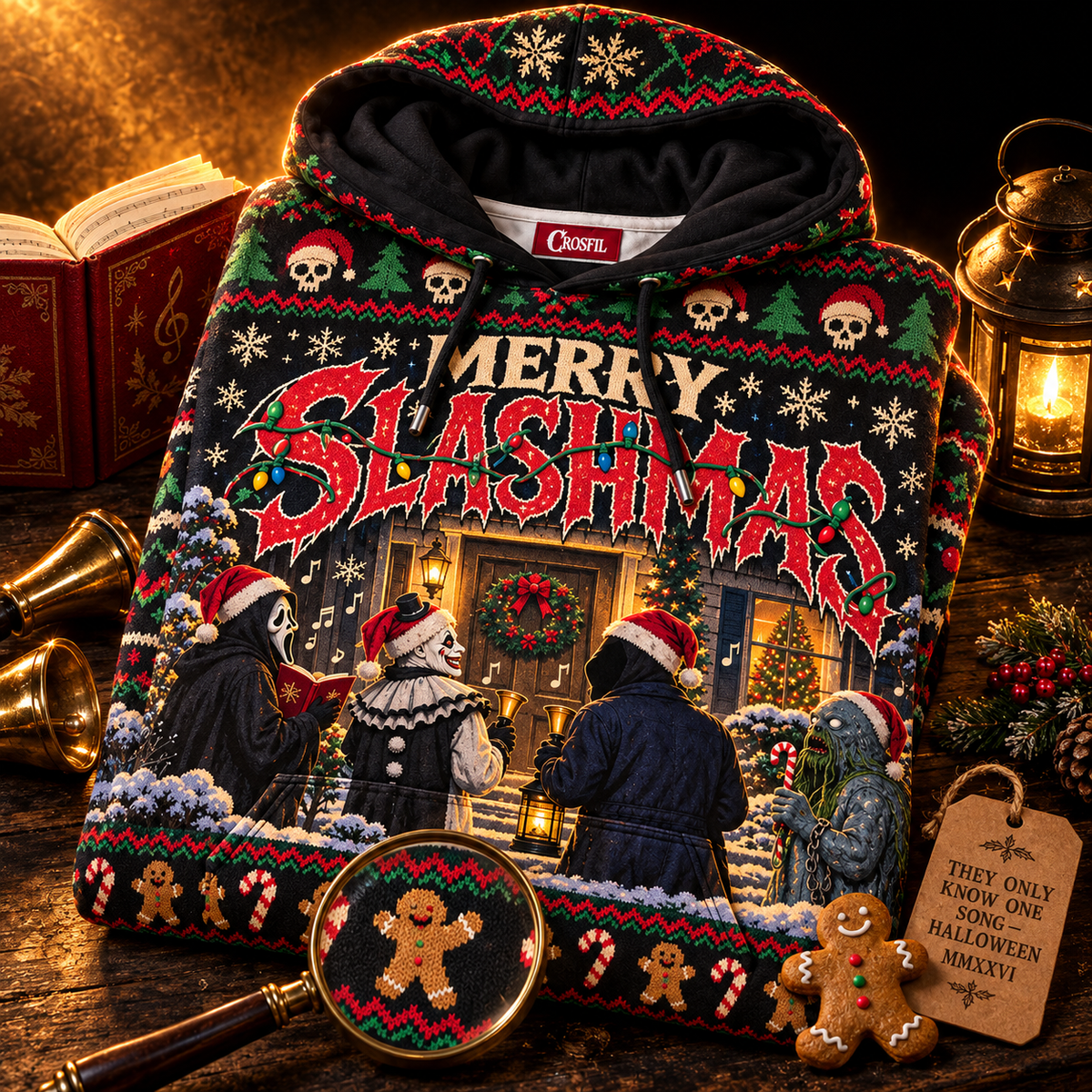 Merry Slashmas Unisex Hoodie — Ugly Christmas Knit-Look Print