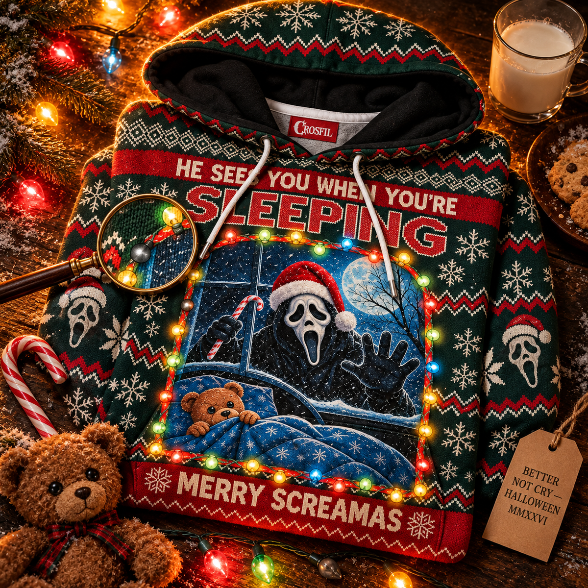 He Sees You When You’re Sleeping Unisex Hoodie — Merry Screamas Knit-Look Print