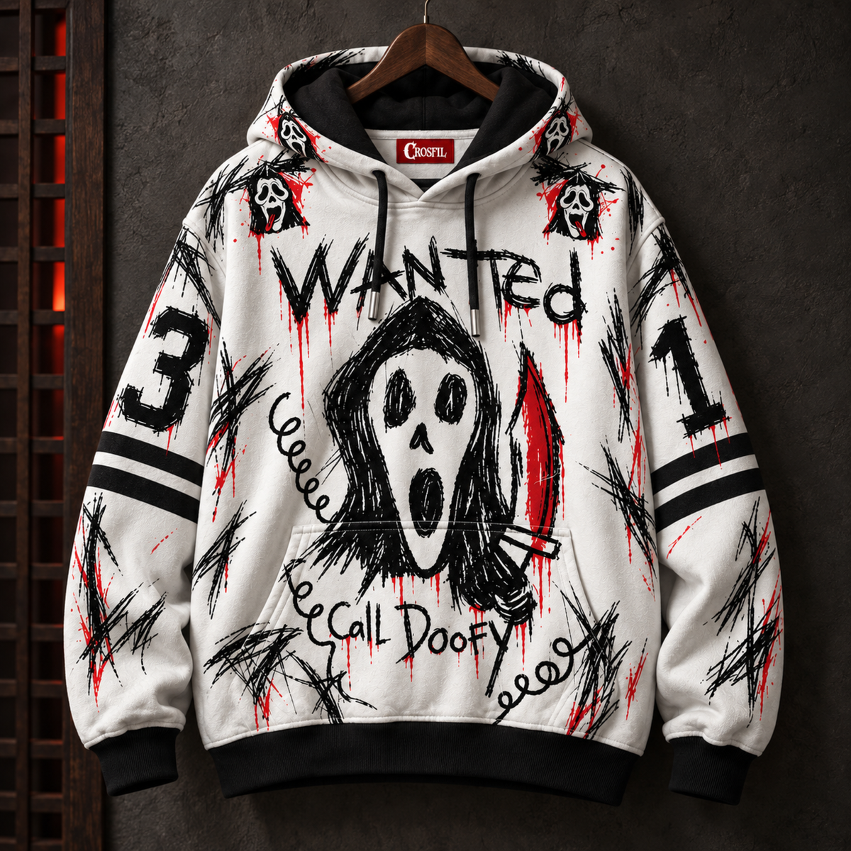 WAZAAA 13 Unisex Hoodie — Wanted Poster Scribble Horror Print