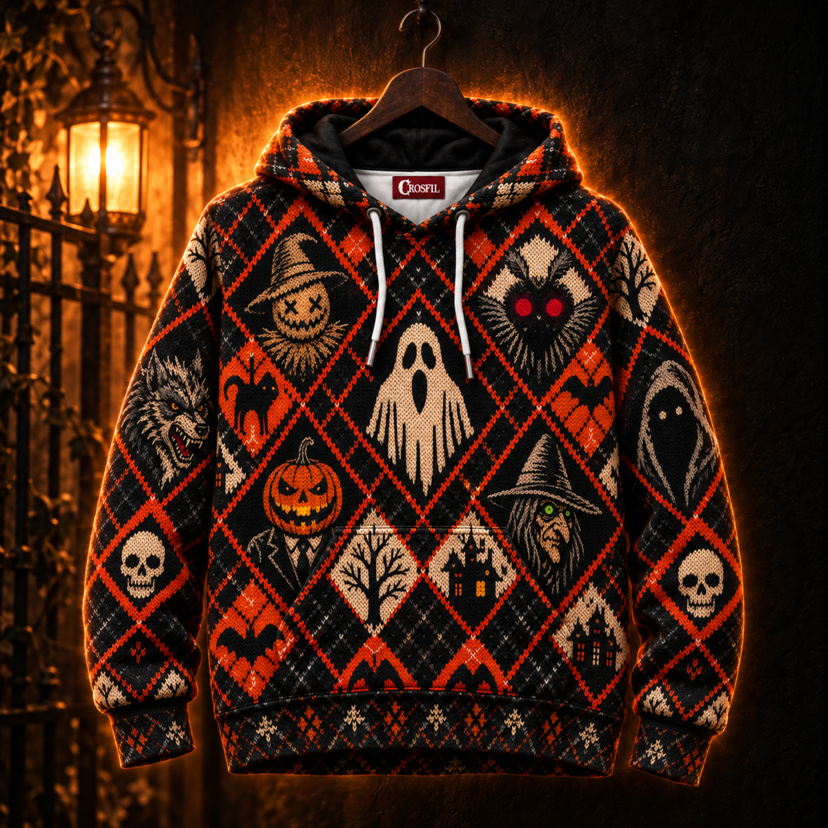 Crosfil Slasher Sweater Hoodie — Halloween Ugly Sweater Knit-Look All-Over Print