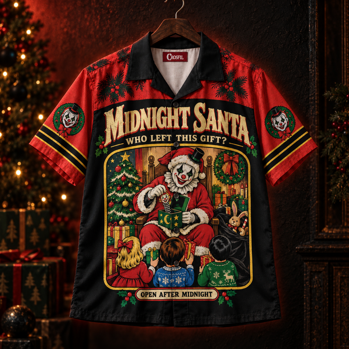 Midnight Santa Hawaiian Shirt — Vintage Horror Clown Christmas Print