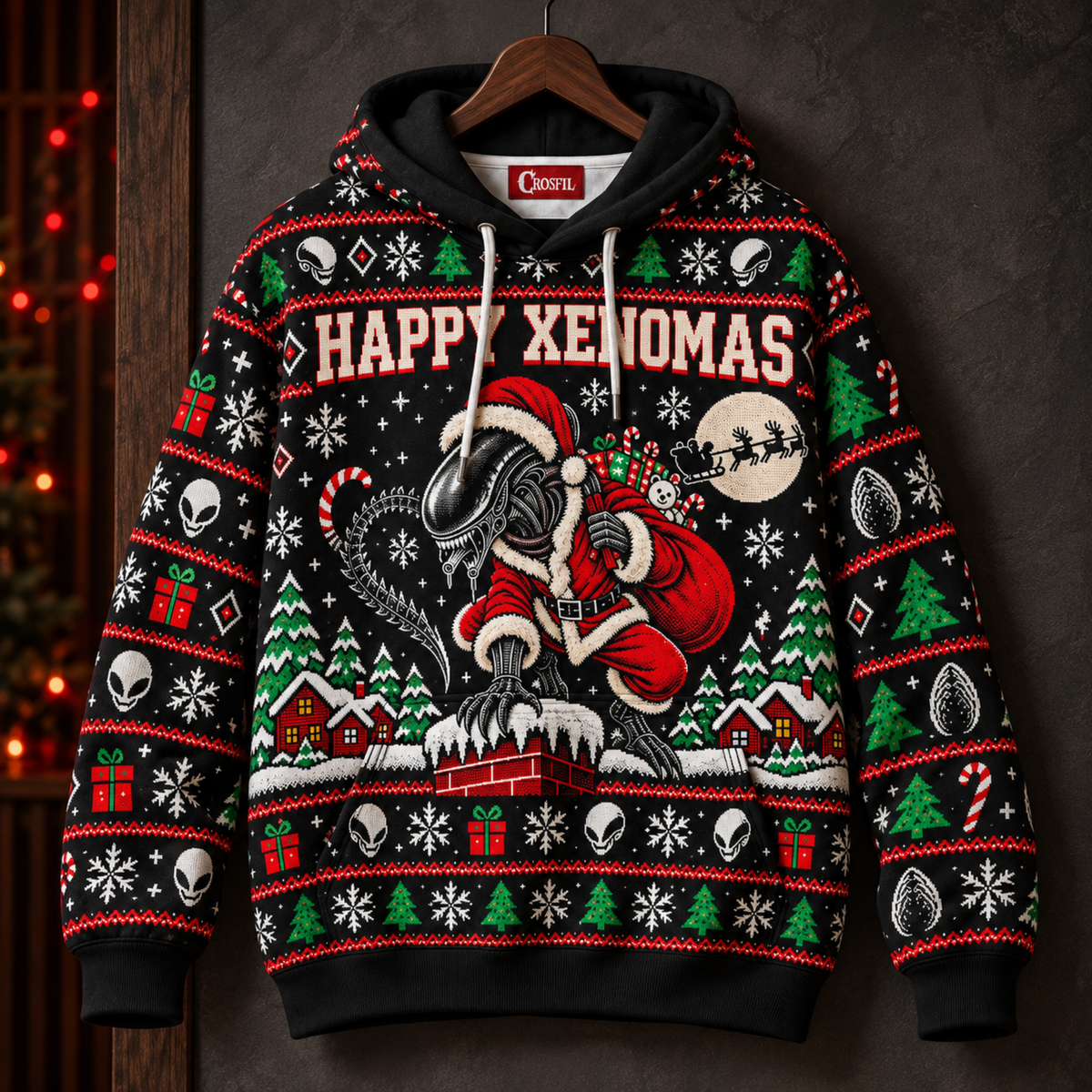 Happy Xenomas Unisex Hoodie — Alien Santa Ugly Christmas Sweater Print