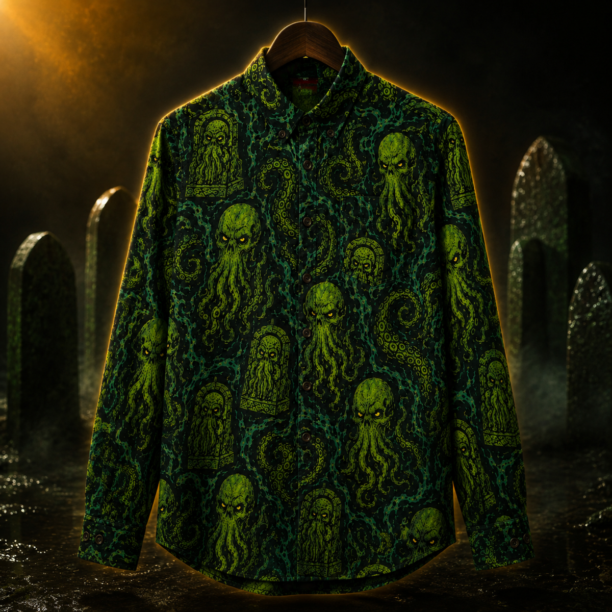 Crosfil Cthulhu Necropolis Long Sleeve Shirt — Green Eldritch Idol All-Over Print