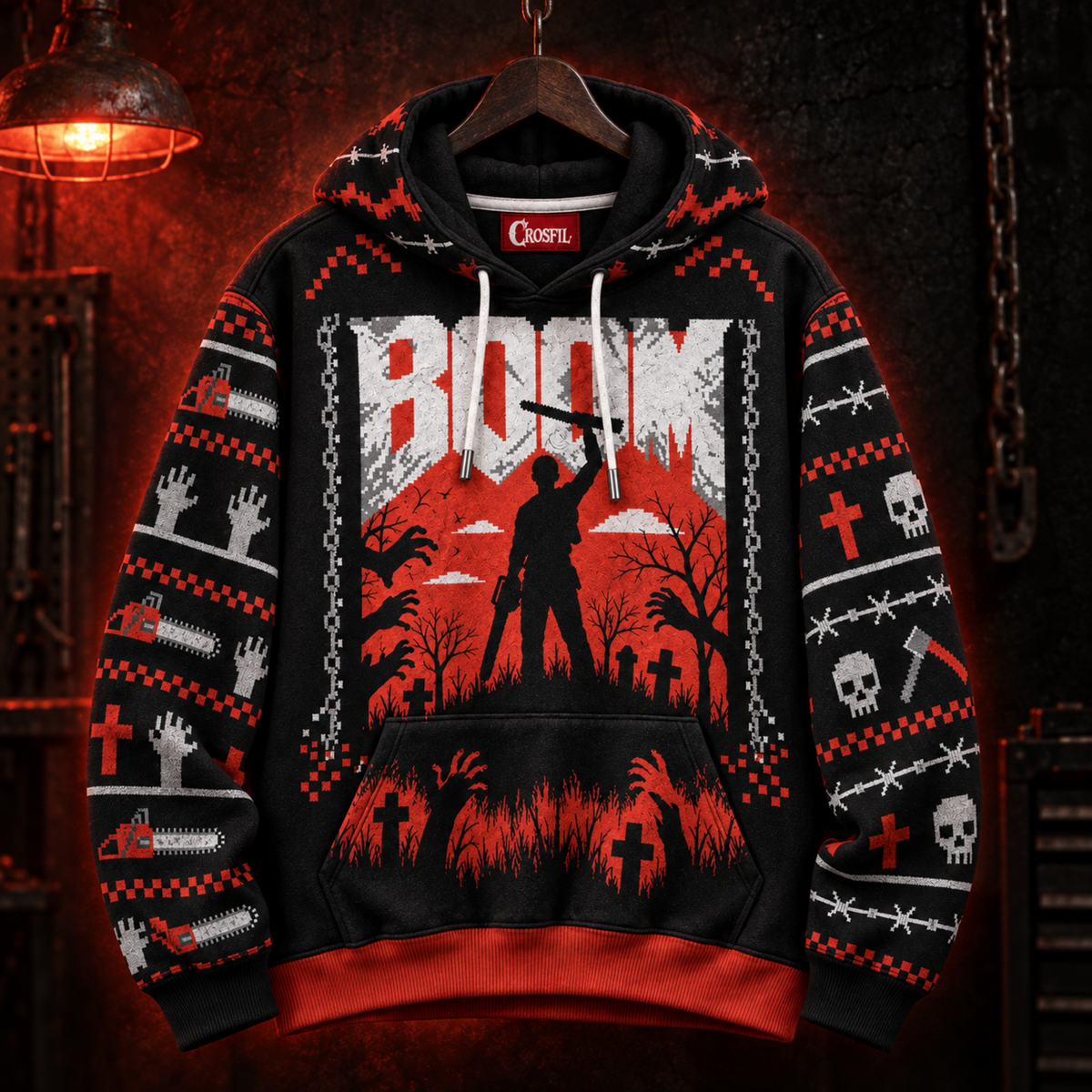 BOOM Unisex Hoodie — 8-Bit Horror Ugly Sweater Print