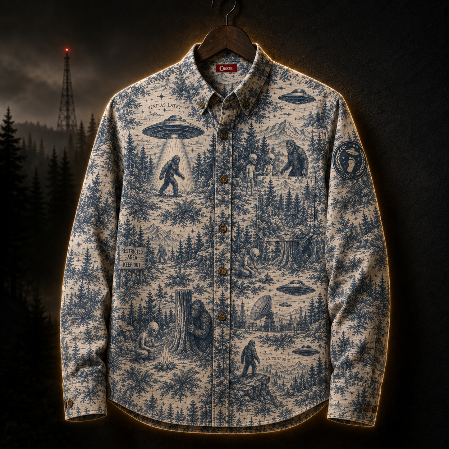 Crosfil Cryptid Toile Long Sleeve Shirt — Bigfoot & UFO Vintage Toile Print