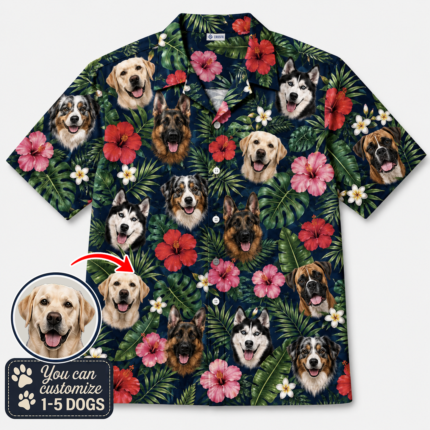 Custom Dog Face Hawaiian Shirt — Personalized Tropical Hibiscus  Pet Photo Aloha Shirt