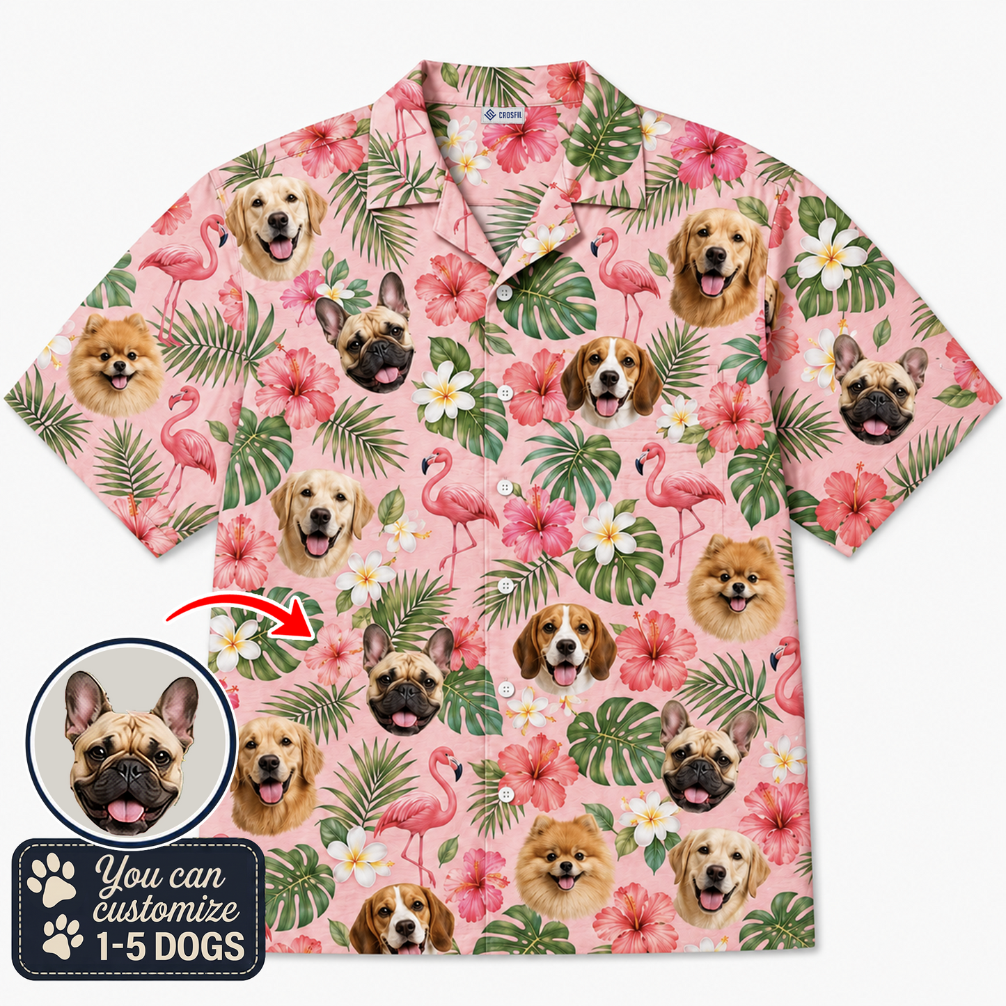 Custom Dog Face Hawaiian Shirt — Personalized Pink Flamingo  Tropical Pet Photo Aloha Shirt