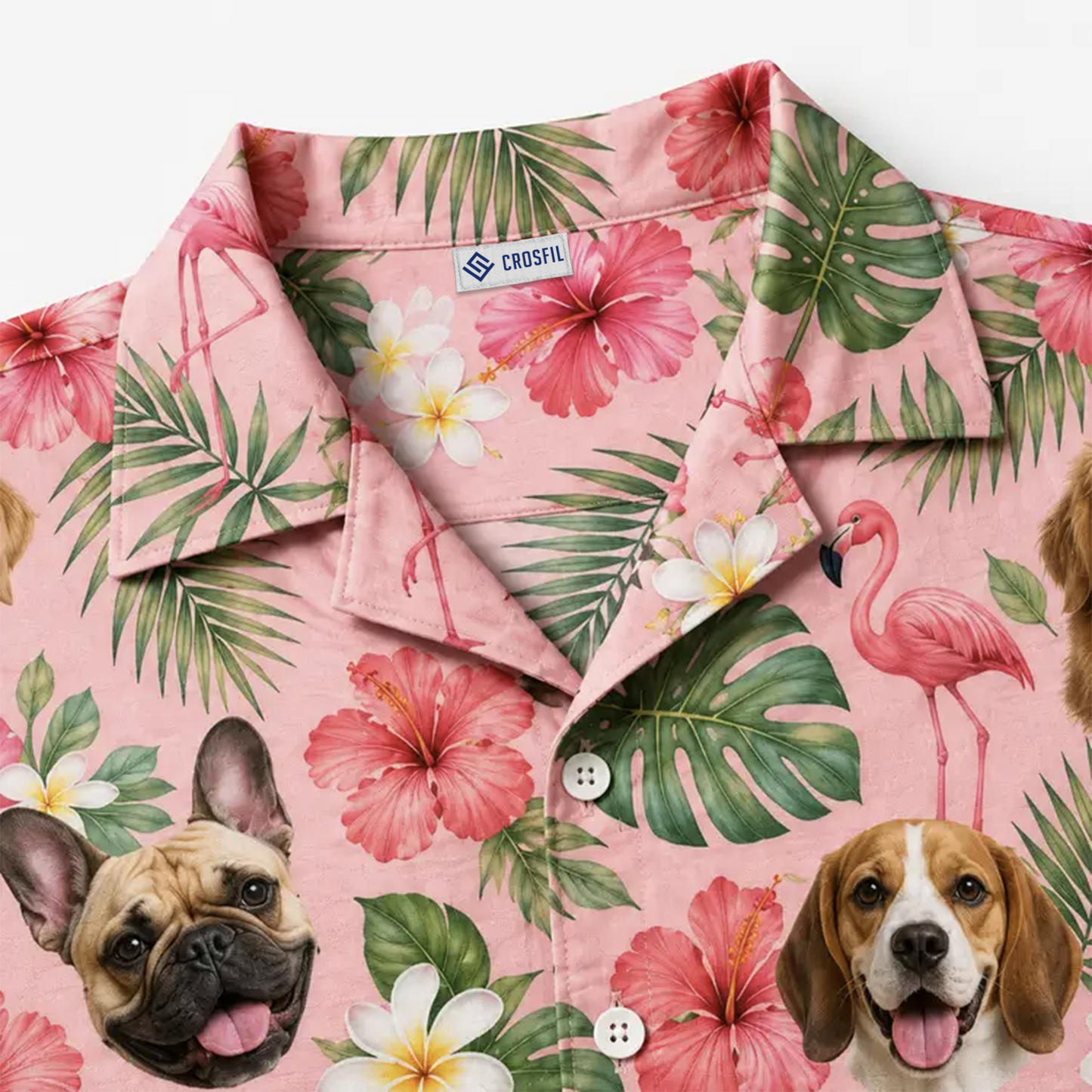 Custom Dog Face Hawaiian Shirt — Personalized Pink Flamingo  Tropical Pet Photo Aloha Shirt
