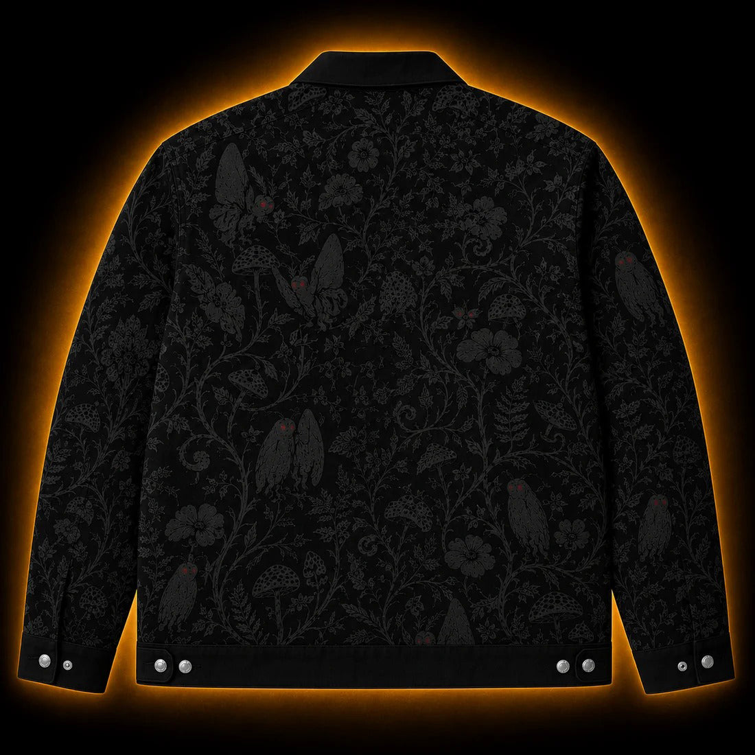 Crosfil Mothman Damask Jacket — Black Gothic Botanical All-Over Print