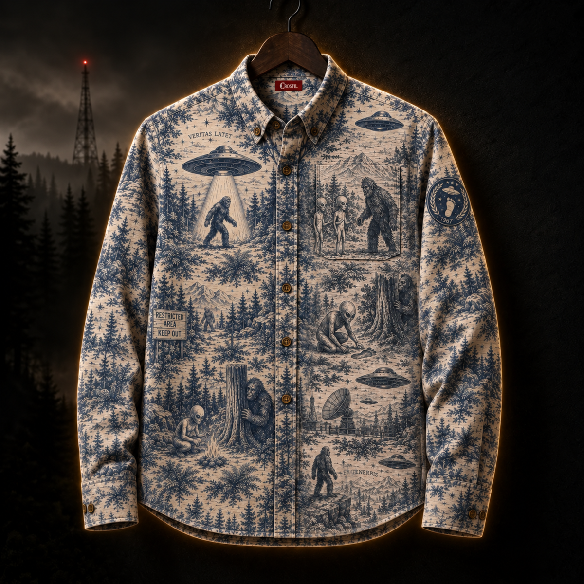 Crosfil Cryptid Toile Long Sleeve Shirt — Bigfoot & UFO Vintage Toile Print