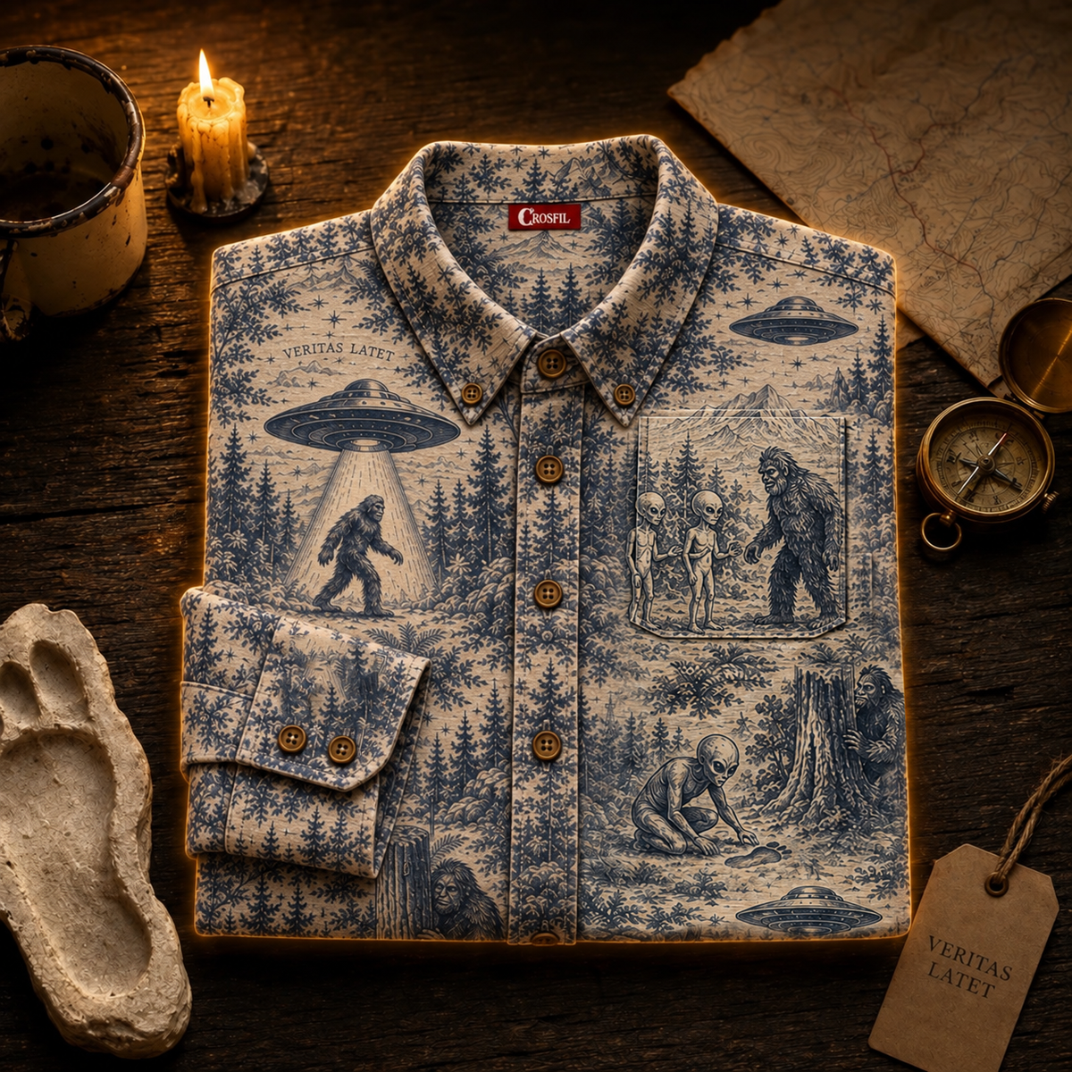 Crosfil Cryptid Toile Long Sleeve Shirt — Bigfoot & UFO Vintage Toile Print