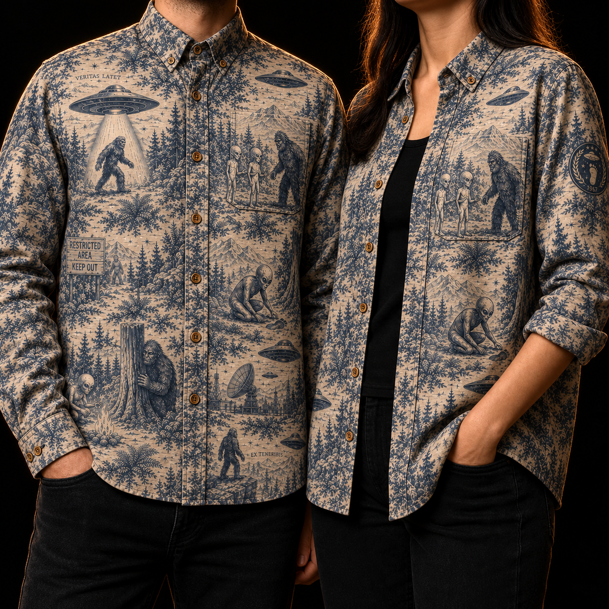 Crosfil Cryptid Toile Long Sleeve Shirt — Bigfoot & UFO Vintage Toile Print