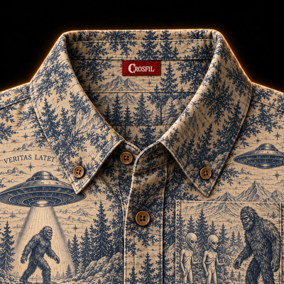 Crosfil Cryptid Toile Long Sleeve Shirt — Bigfoot & UFO Vintage Toile Print