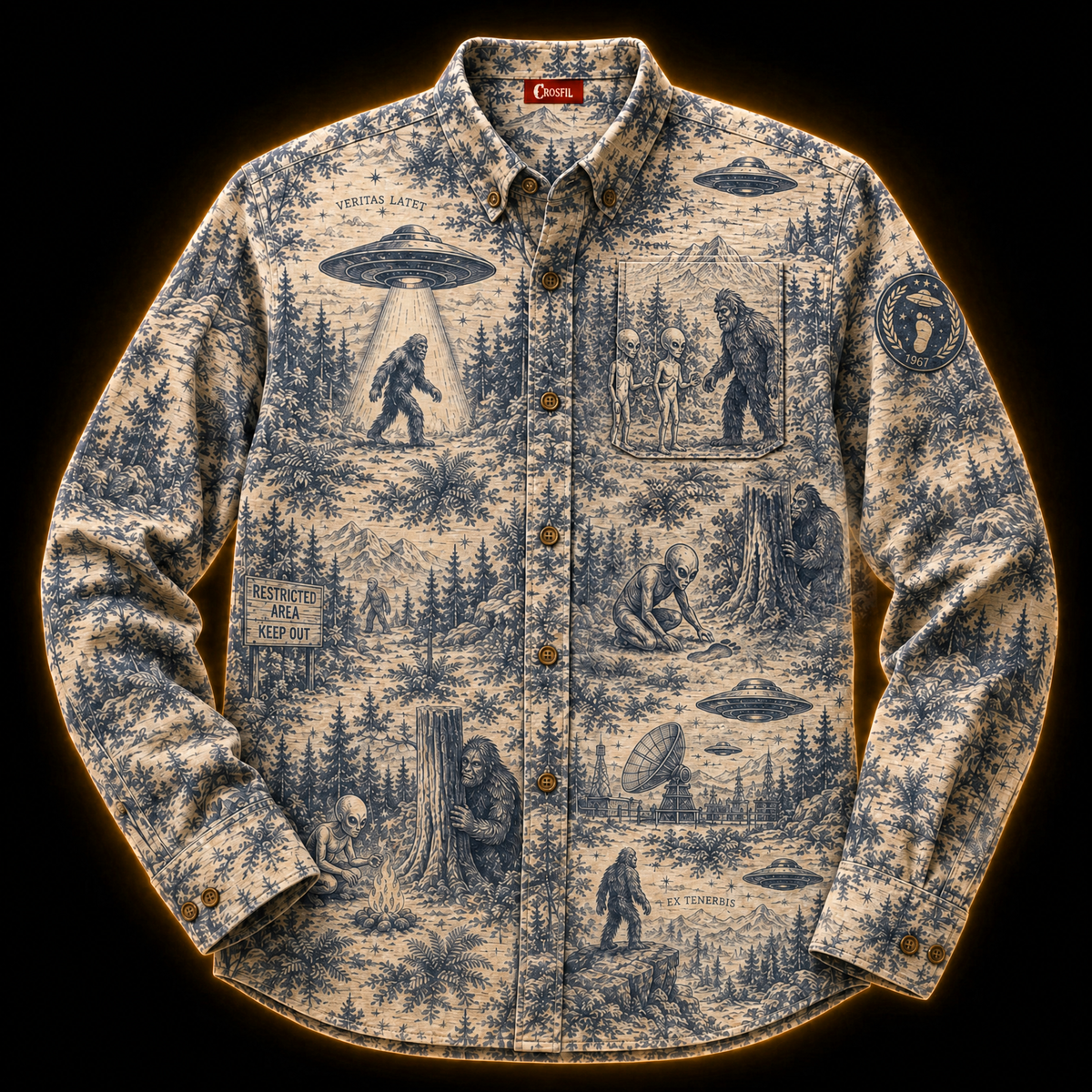 Crosfil Cryptid Toile Long Sleeve Shirt — Bigfoot & UFO Vintage Toile Print