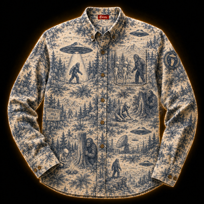 Crosfil Cryptid Toile Long Sleeve Shirt — Bigfoot & UFO Vintage Toile Print