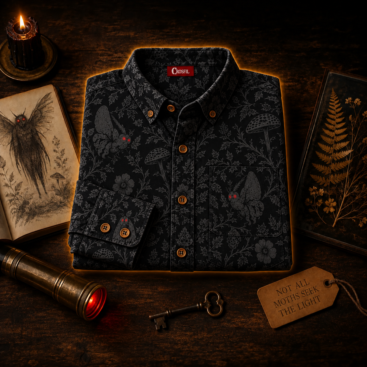Crosfil Mothman Damask Long Sleeve Shirt — Black Gothic Floral Cryptid Print