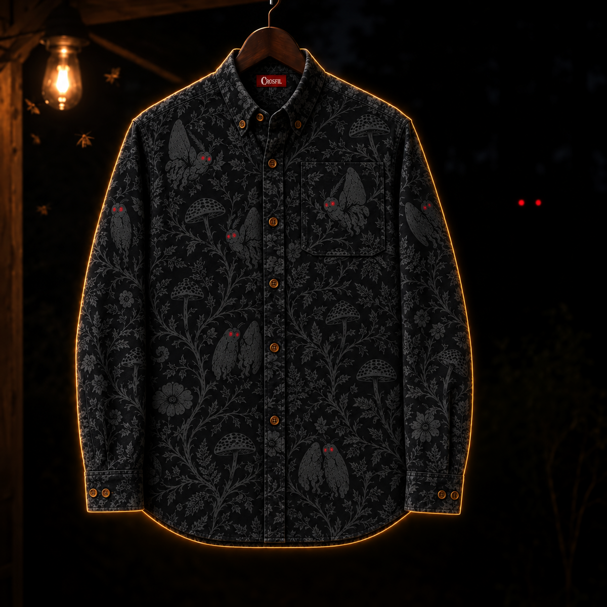 Crosfil Mothman Damask Long Sleeve Shirt — Black Gothic Floral Cryptid Print