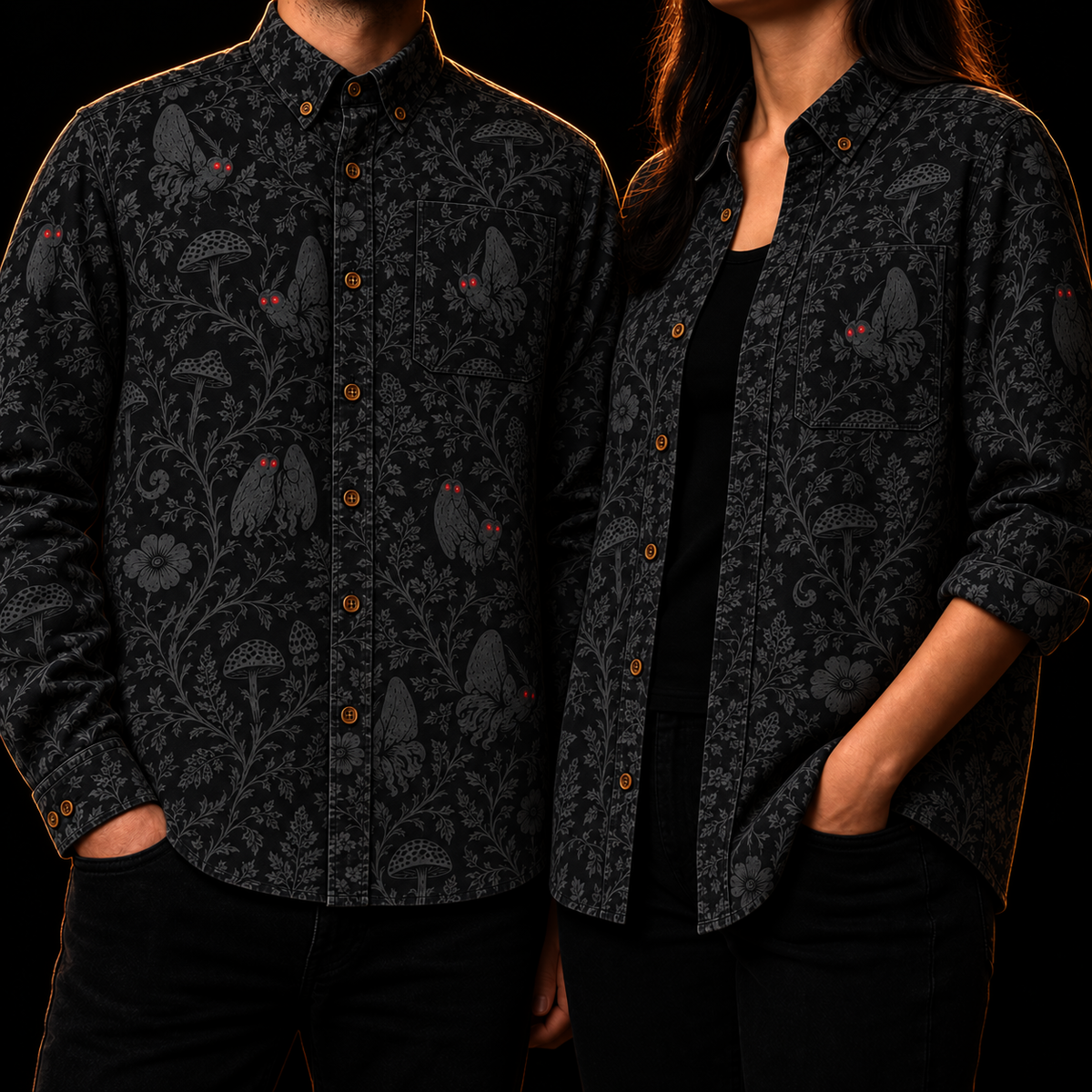 Crosfil Mothman Damask Long Sleeve Shirt — Black Gothic Floral Cryptid Print