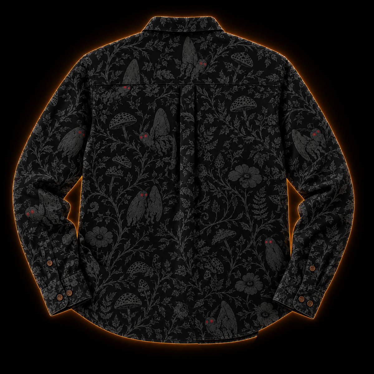 Crosfil Mothman Damask Long Sleeve Shirt — Black Gothic Floral Cryptid Print