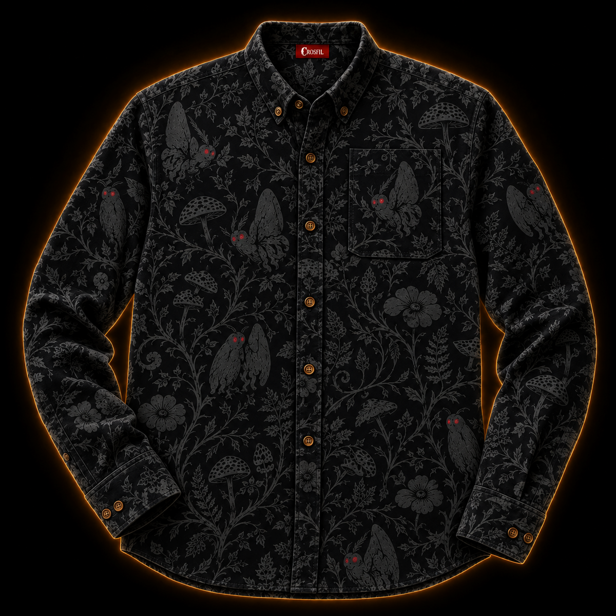 Crosfil Mothman Damask Long Sleeve Shirt — Black Gothic Floral Cryptid Print