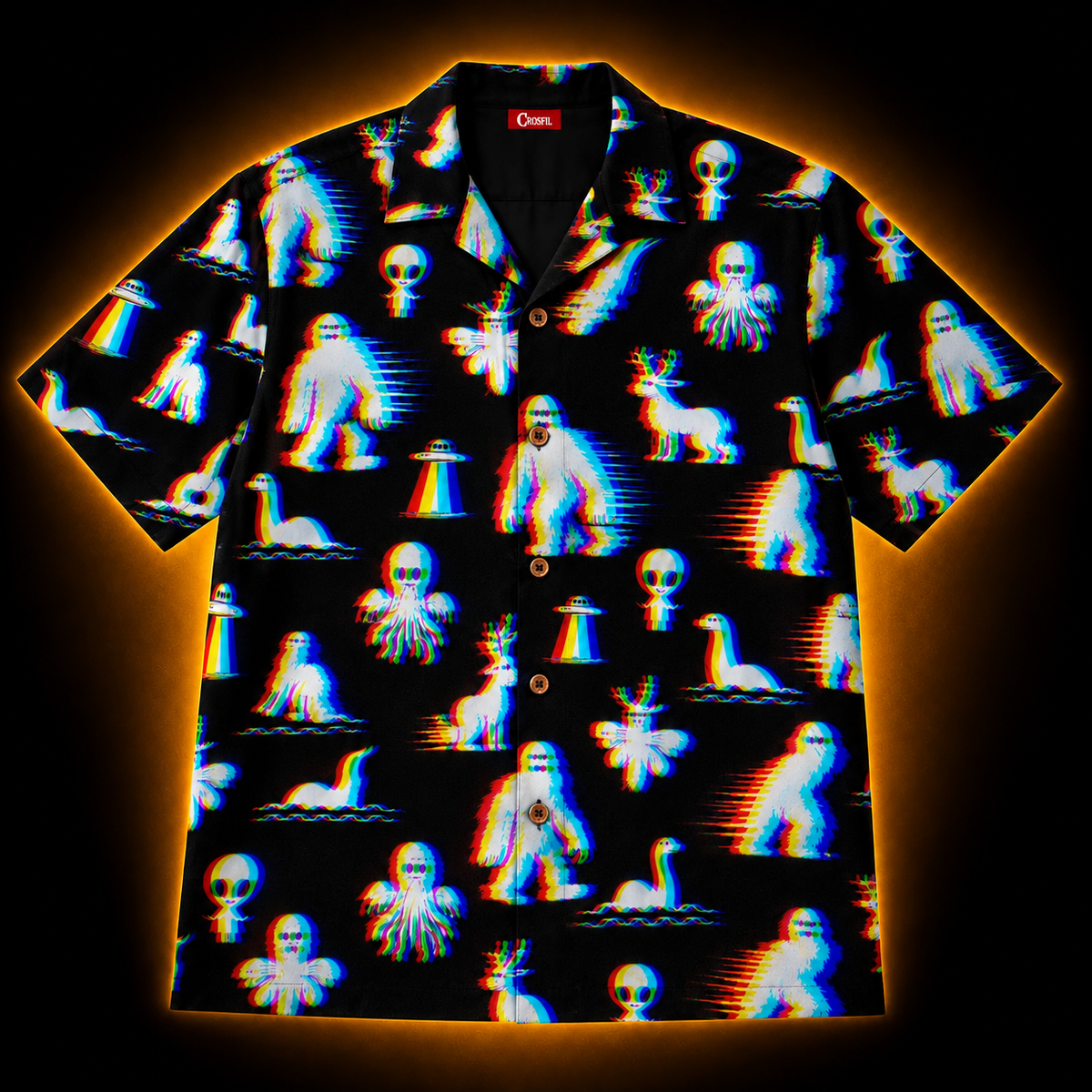 Crosfil Bad Footage Hawaiian Shirt — Glitch Cryptid VHS All-Over Print