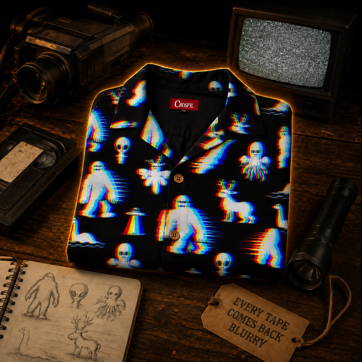 Crosfil Bad Footage Hawaiian Shirt — Glitch Cryptid VHS All-Over Print