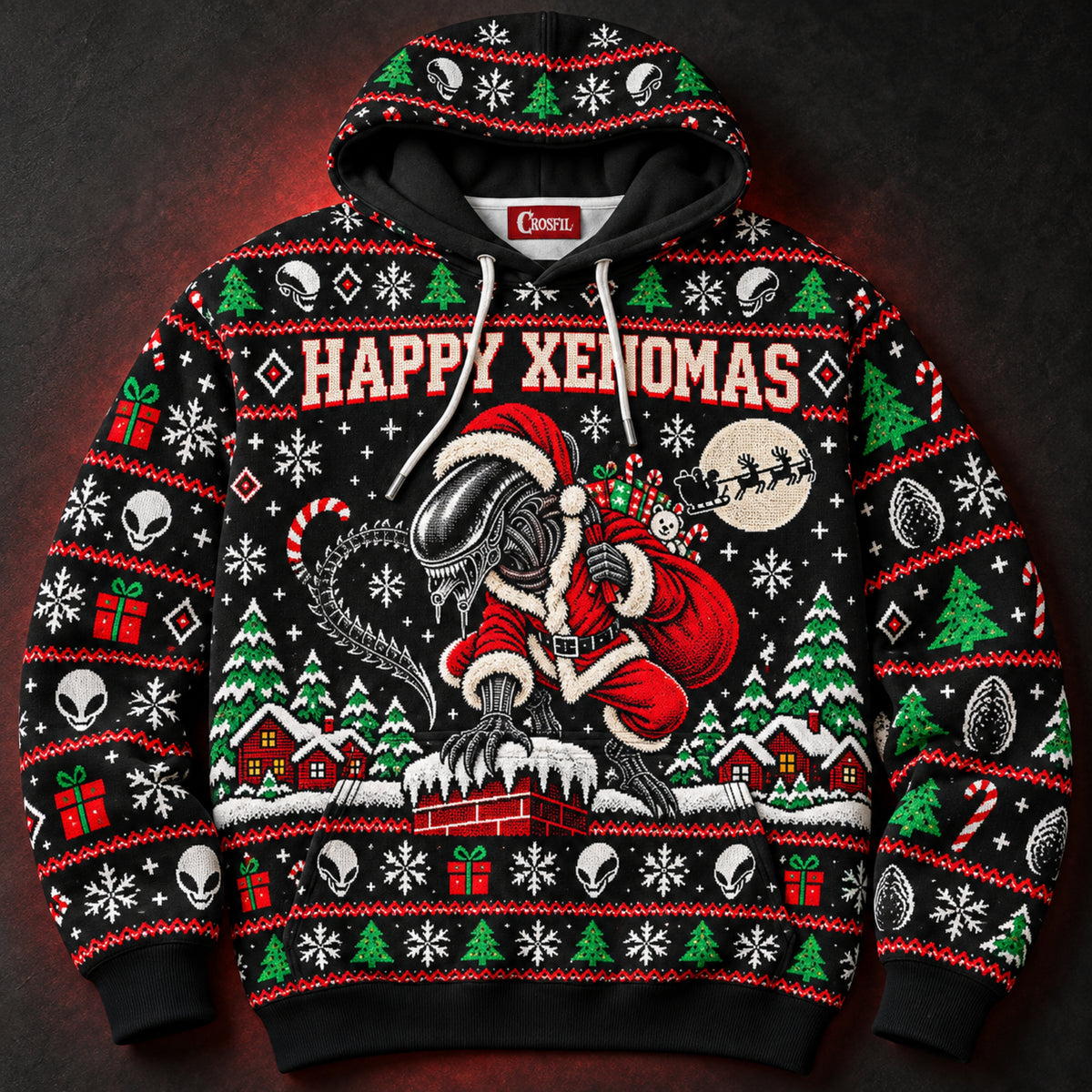 Happy Xenomas Unisex Hoodie — Alien Santa Ugly Christmas Sweater Print