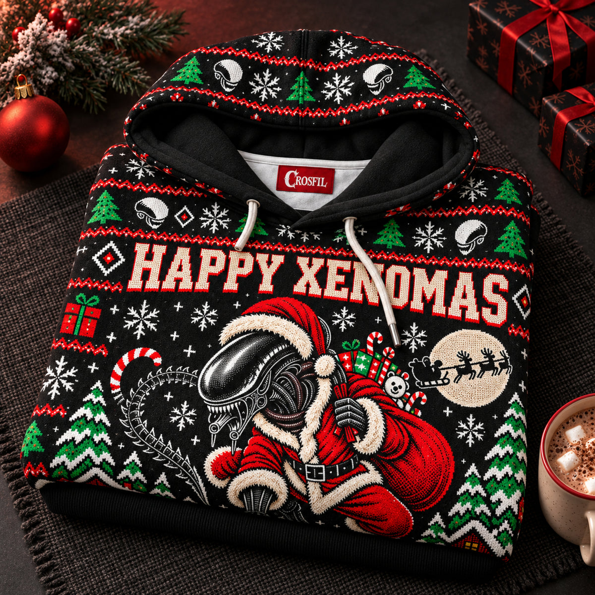 Happy Xenomas Unisex Hoodie — Alien Santa Ugly Christmas Sweater Print
