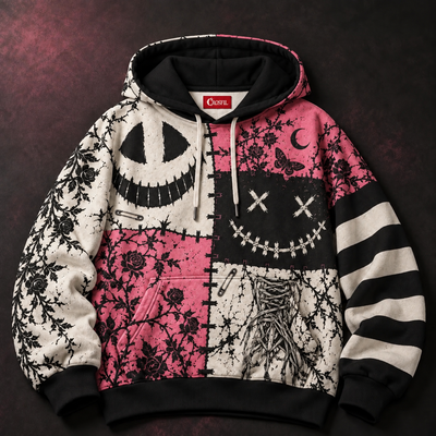 Patchwork Grin Unisex Hoodie — Stitched Smile Pink Gothic Print