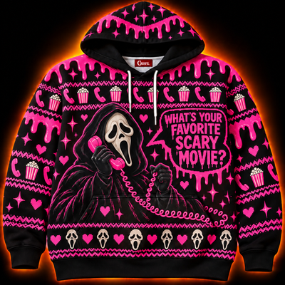 Favorite Scary Movie Unisex Hoodie — Pink Drip Knit-Look Print