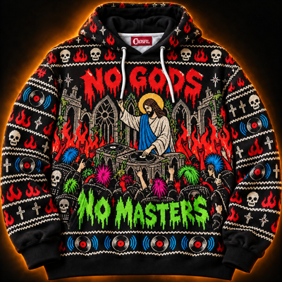 No Gods No Masters Unisex Hoodie — Punk Ugly Sweater Knit-Look Print