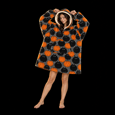 Pumpkin Patch Cats Unisex Hoodie Blanket — Fluffy Black Cats Print