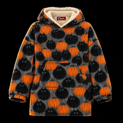 Pumpkin Patch Cats Unisex Hoodie Blanket — Fluffy Black Cats Print