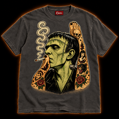 Smoke Break Unisex Comfort T-Shirt — Tattooed Frankenstein Monster Horror Print