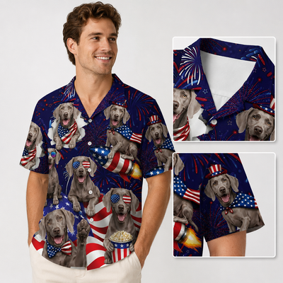 Custom Dog Flag Hawaiian Shirt —  4th of July Fireworks Patriotic Dog Button-Up