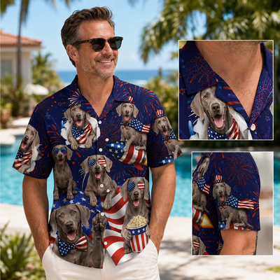 Custom Dog Flag Hawaiian Shirt —  4th of July Fireworks Patriotic Dog Button-Up