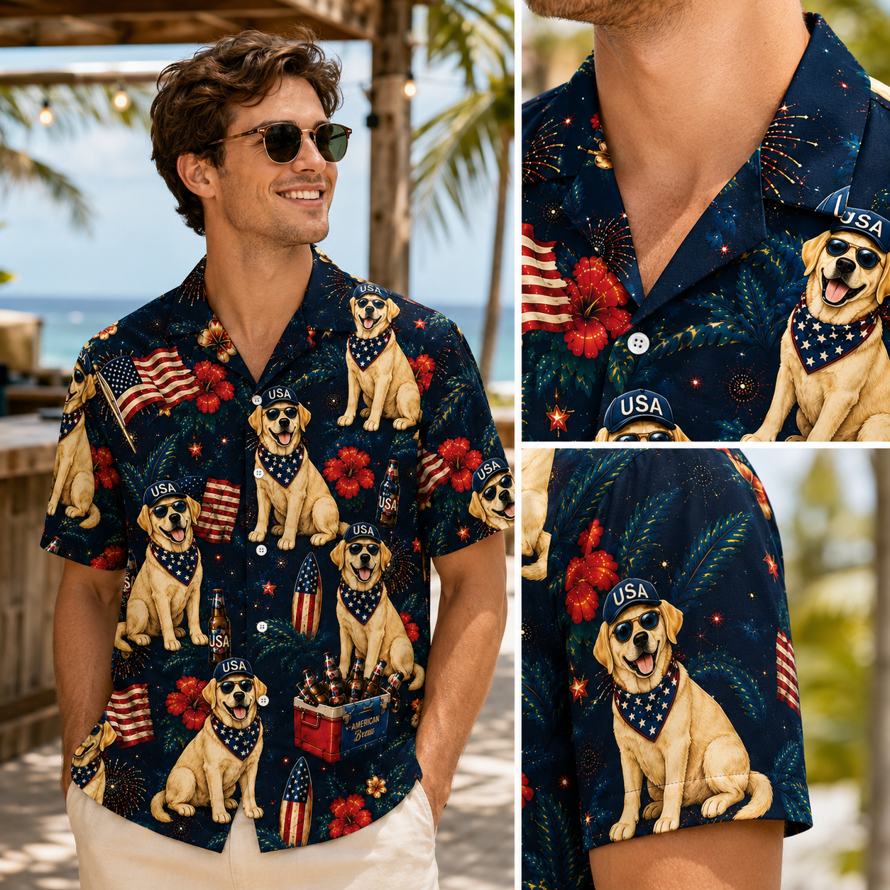 USA Patriotic Custom Dog Hawaiian Shirt —  4th of July Beach Beer Fireworks Aloha