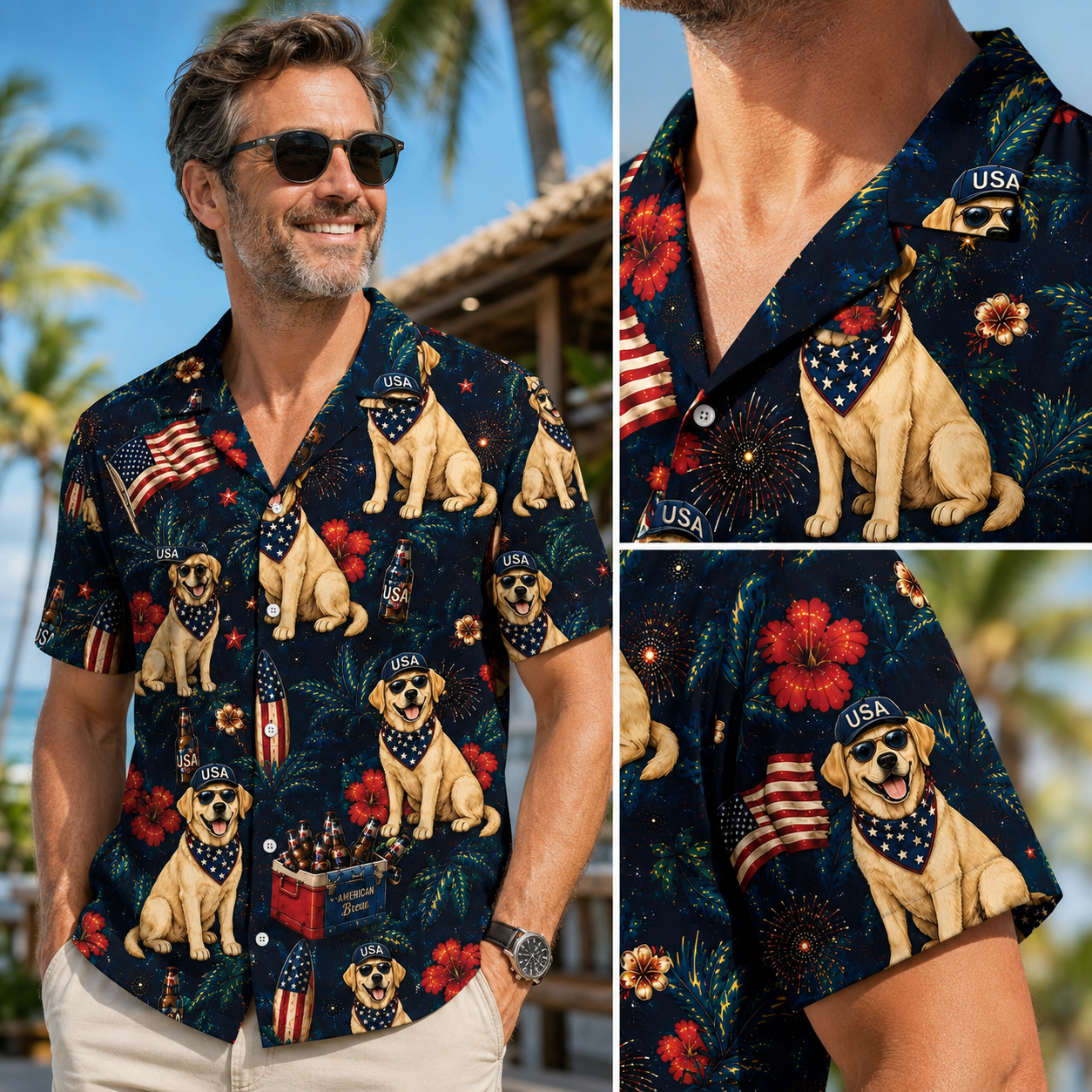 USA Patriotic Custom Dog Hawaiian Shirt —  4th of July Beach Beer Fireworks Aloha