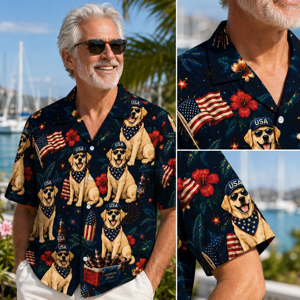 USA Patriotic Custom Dog Hawaiian Shirt —  4th of July Beach Beer Fireworks Aloha