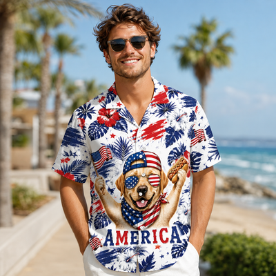 Custom Dog America Hawaiian Shirt —  Tropical Hibiscus Patriotic 4th of July Aloha