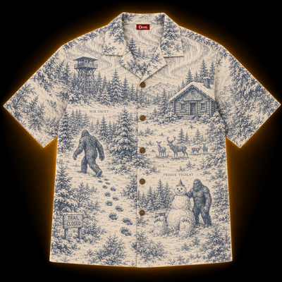 Crosfil Winter Watch 1977 Hawaiian Shirt — Snow Bigfoot Toile Print