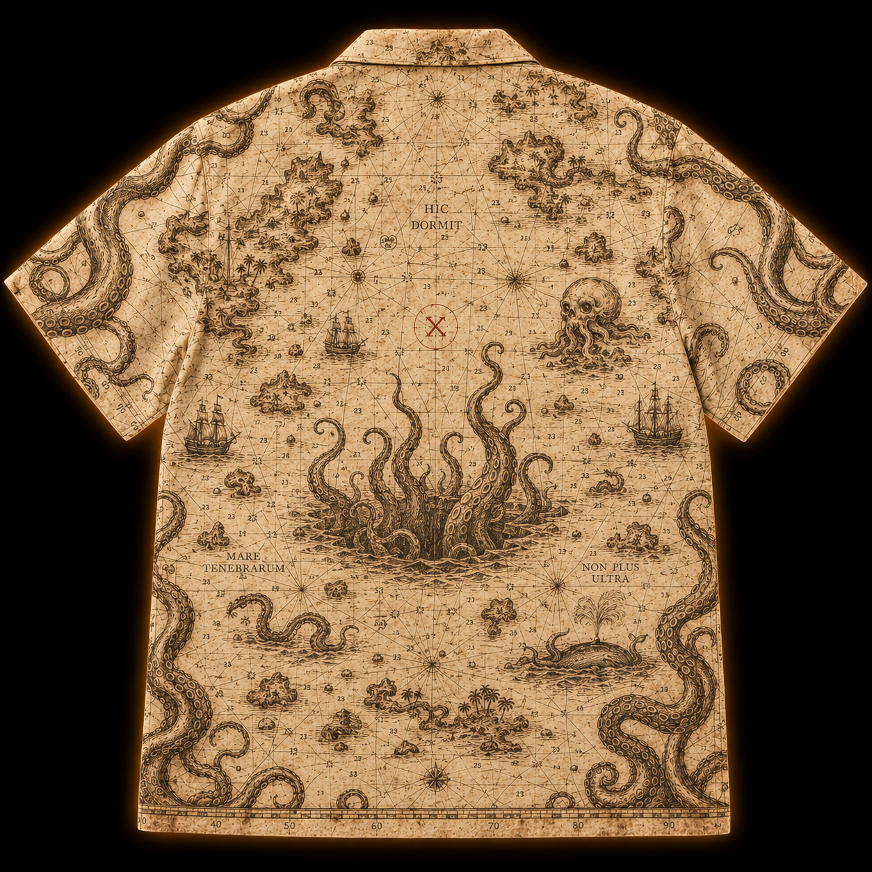 Cartographer's Warning Hawaiian Shirt — Antique Kraken Sea Chart