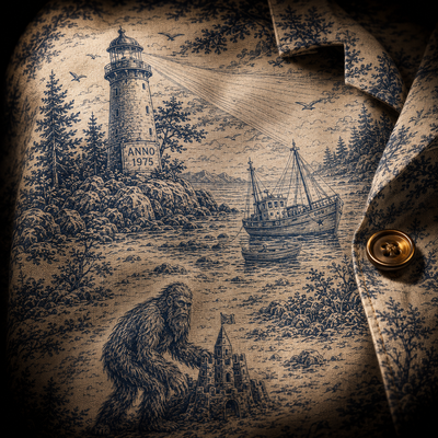 Crosfil Coastal Watch 1975 Hawaiian Shirt — Lighthouse Bigfoot Toile Print