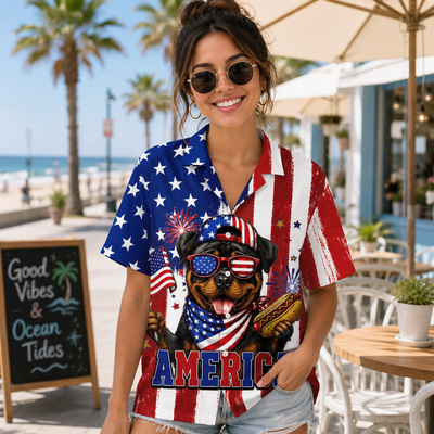 Custom Dog America Hawaiian Shirt —  4th of July Patriotic Dog Hot Dog Button-Up
