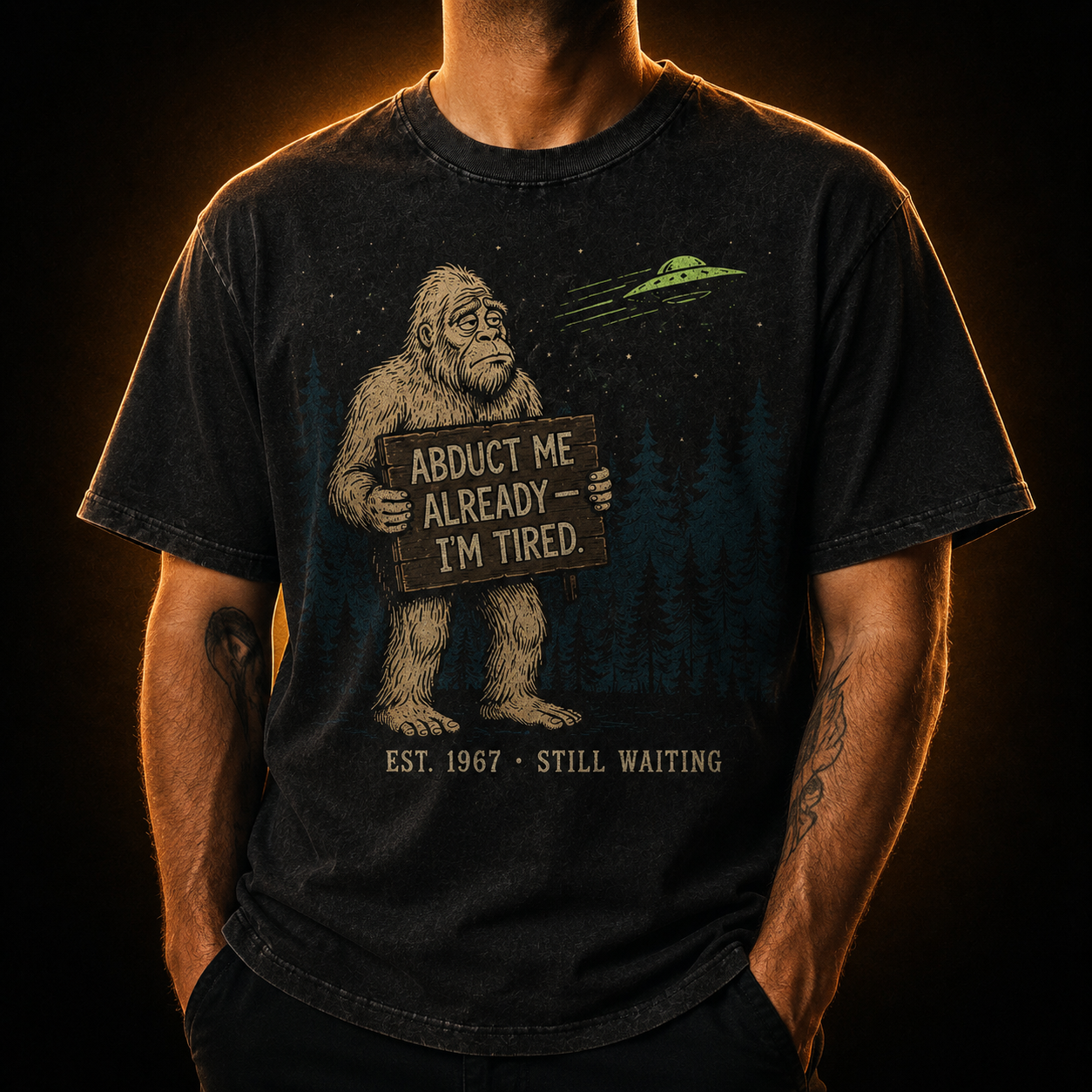 Abduct Me Already — Tired Bigfoot Cryptid Washed T-Shirt