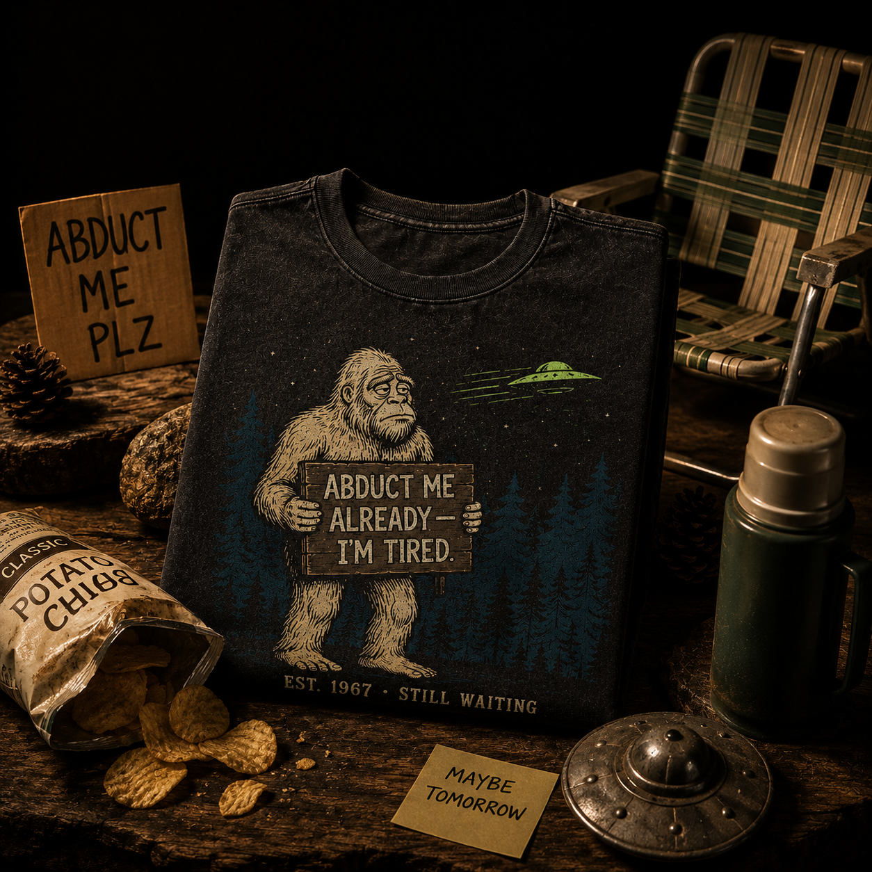 Abduct Me Already — Tired Bigfoot Cryptid Washed T-Shirt