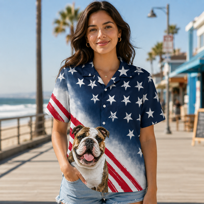 Custom Dog Hawaiian Shirt — American Flag  4th of July Patriotic Dog