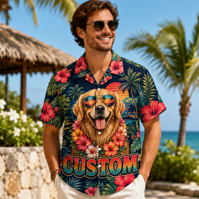 Custom Dog & Text Tropical Sunset Hawaiian Shirt — Personalized Hibiscus Aloha