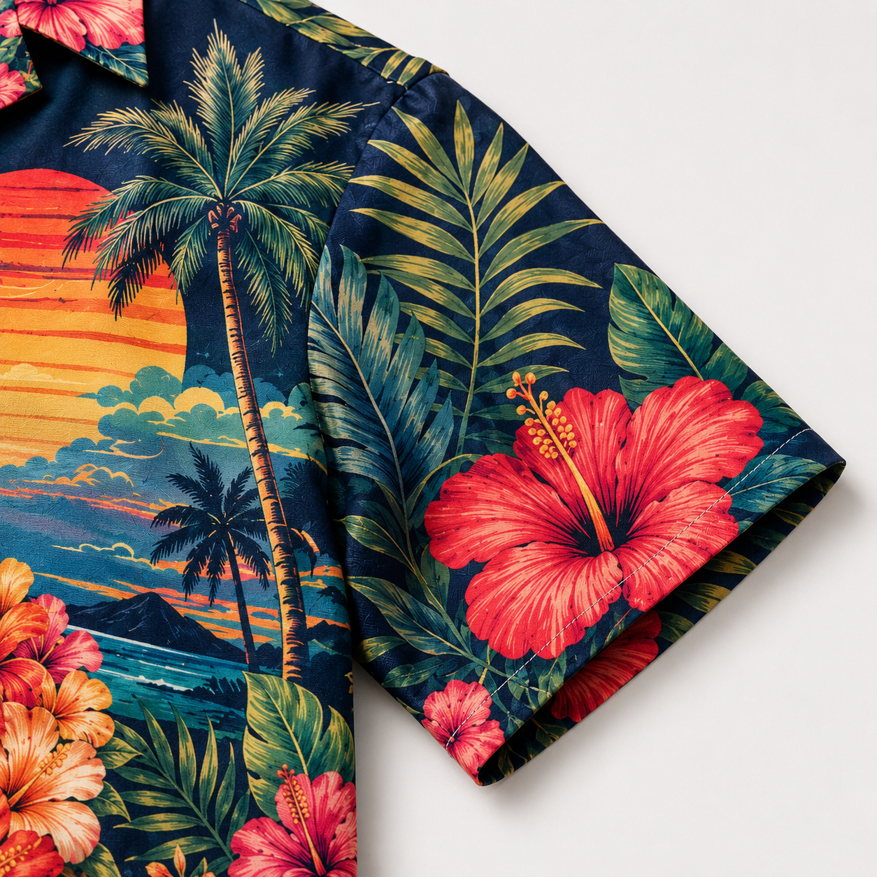 Custom Dog & Text Tropical Sunset Hawaiian Shirt — Personalized Hibiscus Aloha